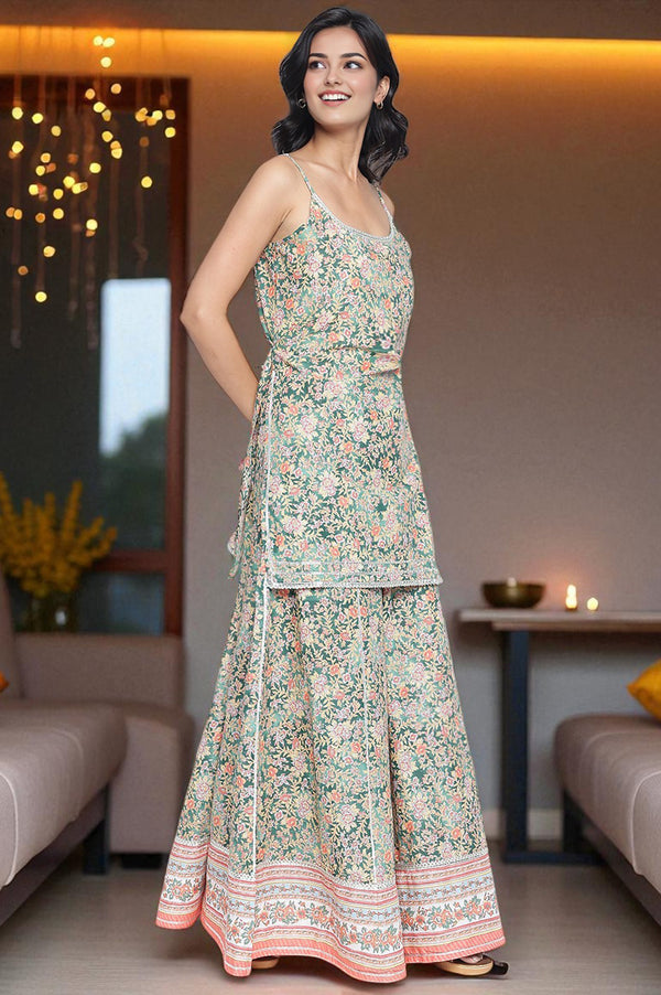 Pine Green Floral Printed Lace Pure Cotton Kurta, Skirt and Stole Set