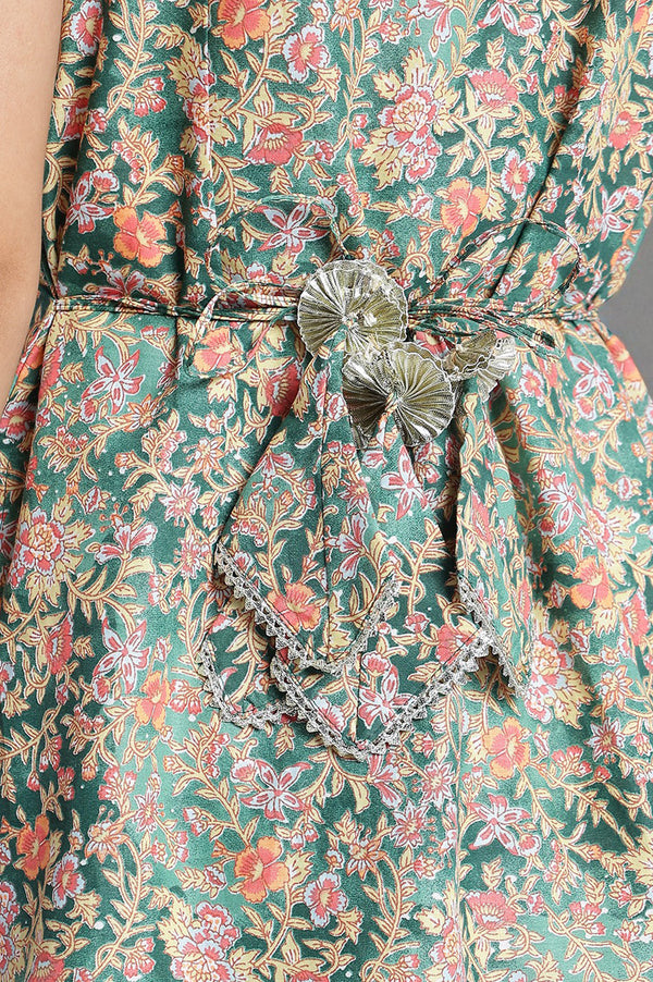 Pine Green Floral Printed Lace Pure Cotton Kurta, Skirt and Stole Set