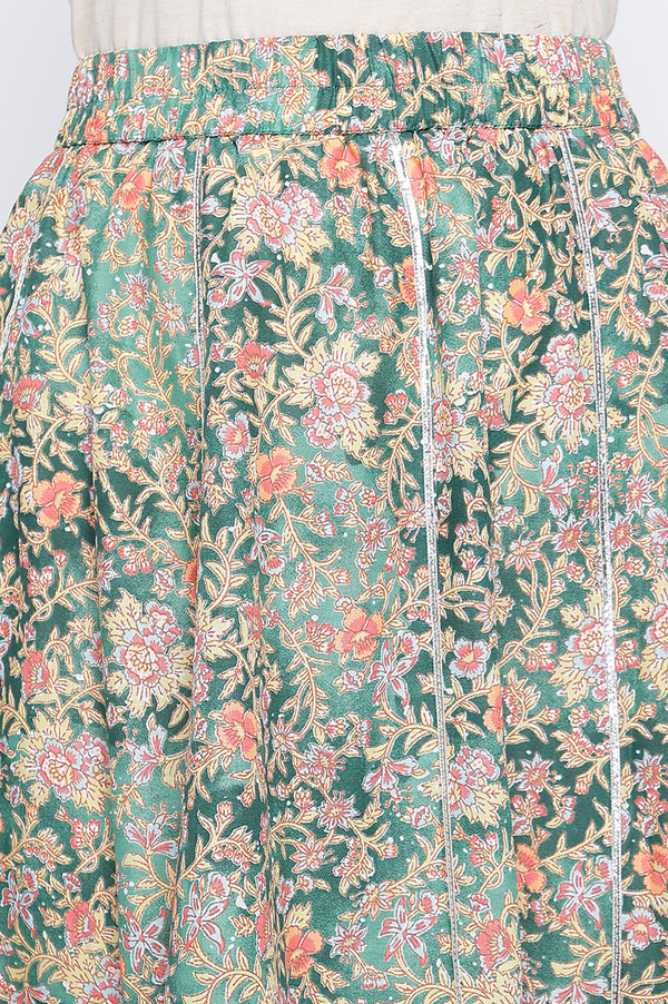 Pine Green Floral Printed Lace Pure Cotton Kurta, Skirt and Stole Set