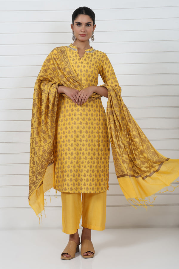 Red Abstract Printed Beads Jacquard Straight Kurta, Palazzo And Dupatta Set