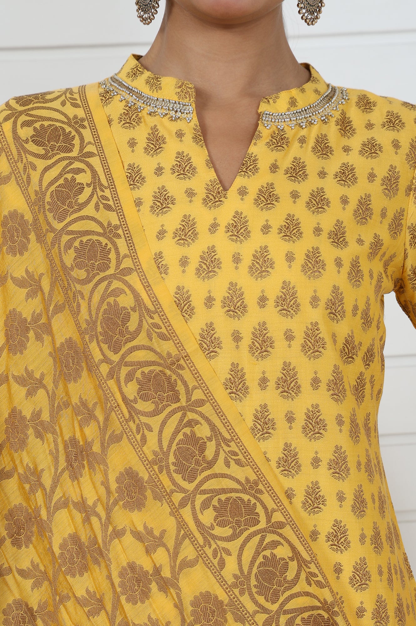 Red Abstract Printed Beads Jacquard Straight Kurta, Palazzo And Dupatta Set