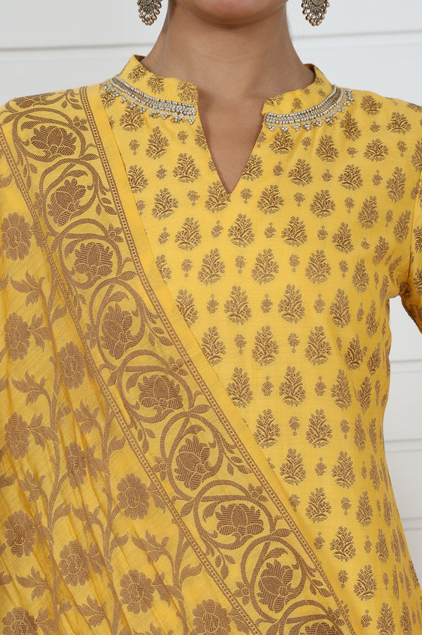 Red Abstract Printed Beads Jacquard Straight Kurta, Palazzo And Dupatta Set