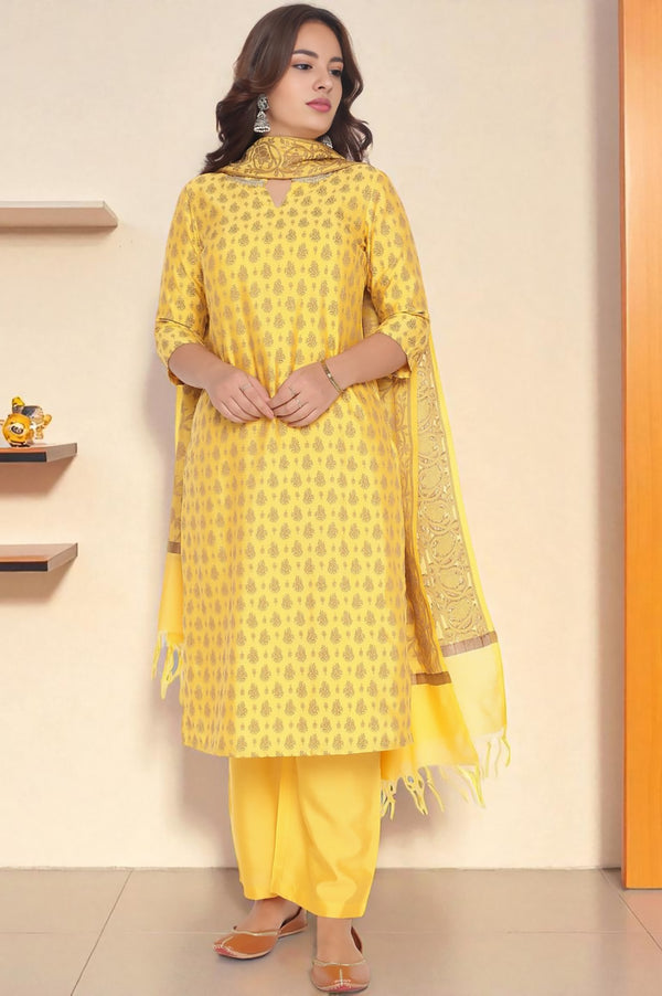 Yellow Abstract Printed Beads Banarsi Jacquard Kurta, Palazzo and Dupatta Set
