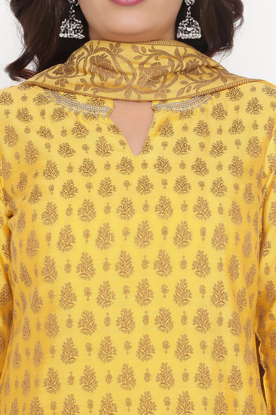 Yellow Abstract Printed Beads Banarsi Jacquard Kurta, Palazzo and Dupatta Set