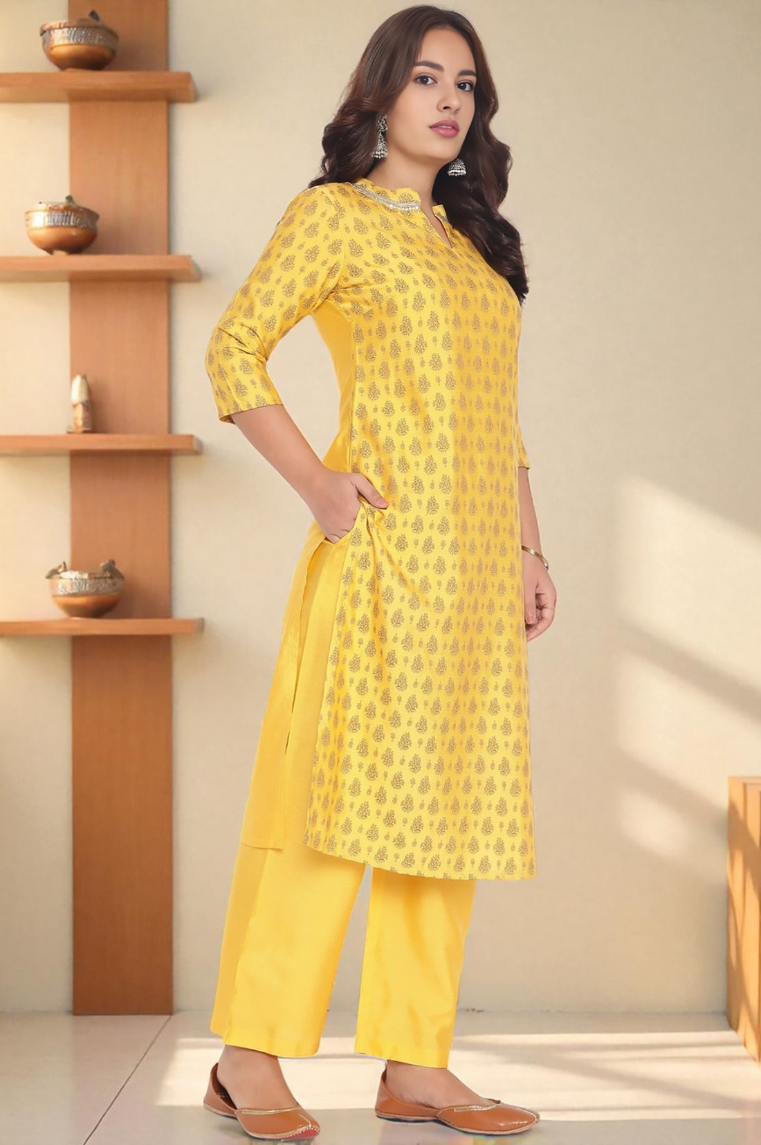 Yellow Abstract Printed Beads Banarsi Jacquard Kurta, Palazzo and Dupatta Set
