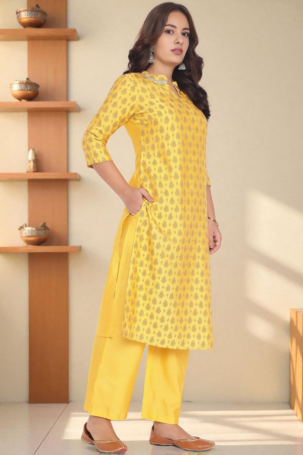 Yellow Abstract Printed Beads Banarsi Jacquard Kurta, Palazzo and Dupatta Set