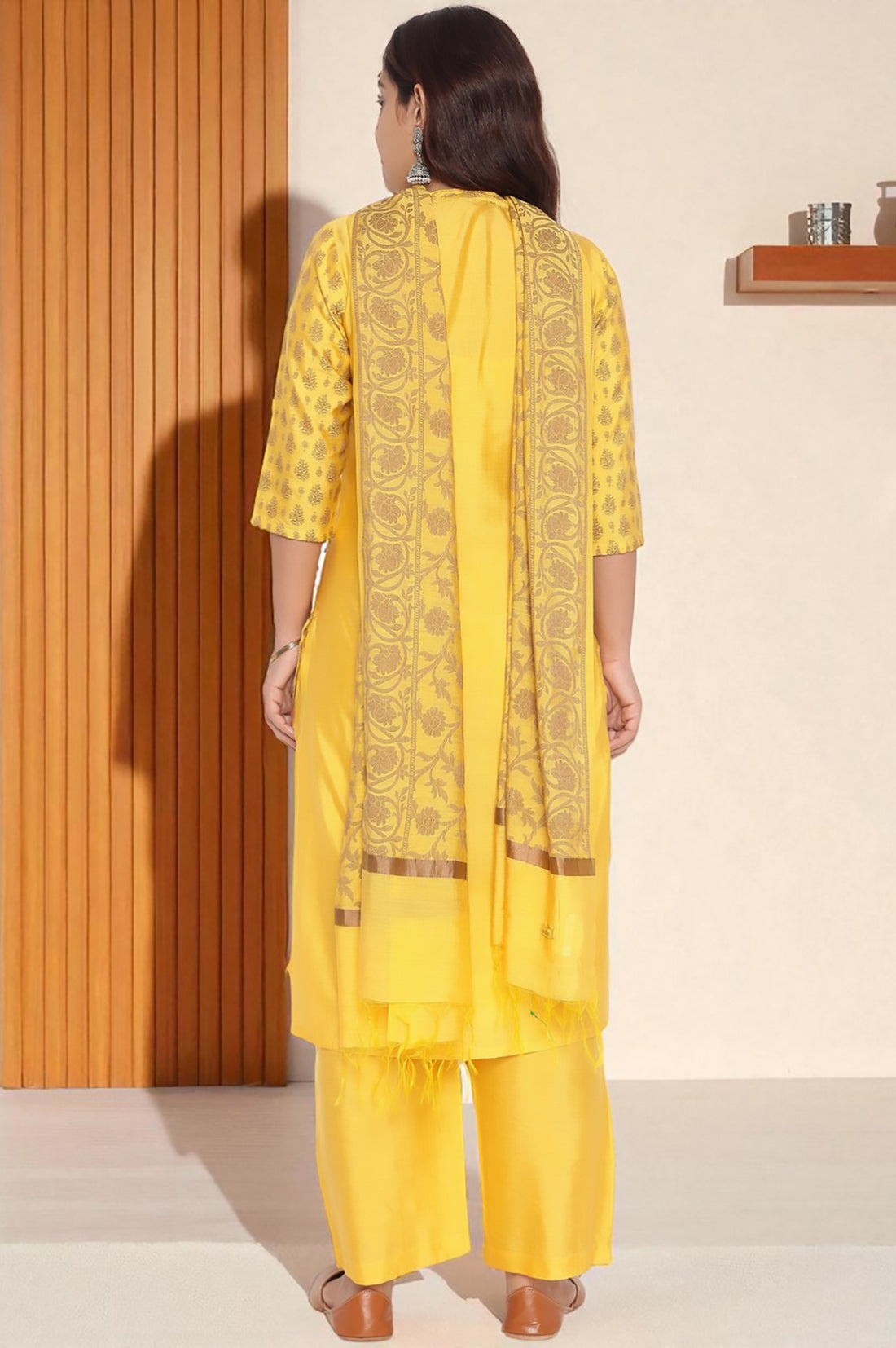 Yellow Abstract Printed Beads Banarsi Jacquard Kurta, Palazzo and Dupatta Set