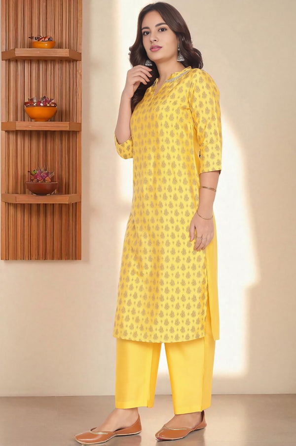 Yellow Abstract Printed Beads Banarsi Jacquard Kurta, Palazzo and Dupatta Set