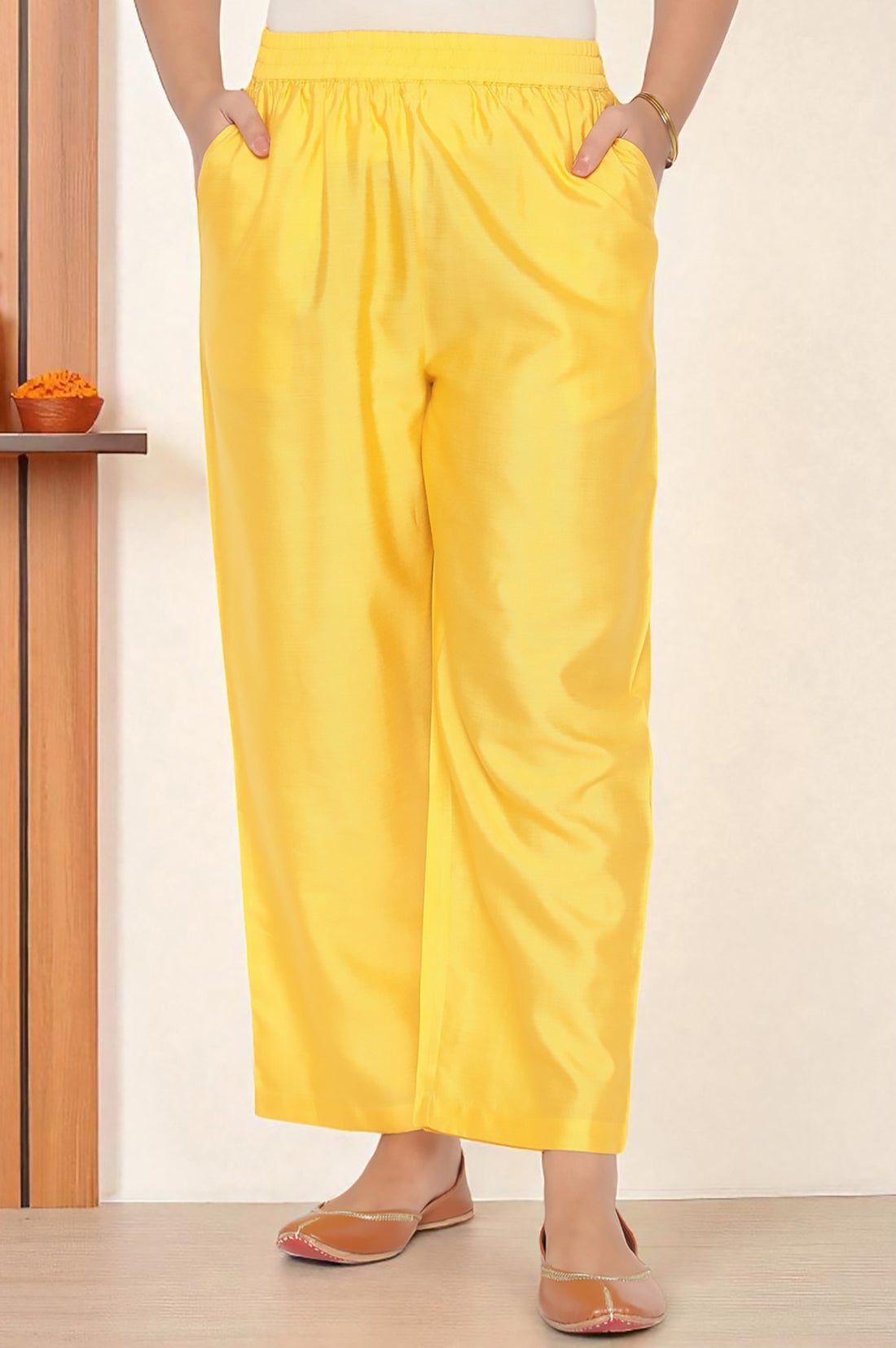 Yellow Abstract Printed Beads Banarsi Jacquard Kurta, Palazzo and Dupatta Set