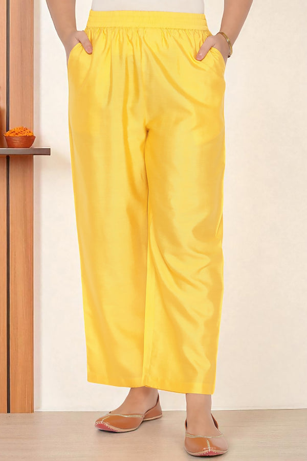 Yellow Abstract Printed Beads Banarsi Jacquard Kurta, Palazzo and Dupatta Set