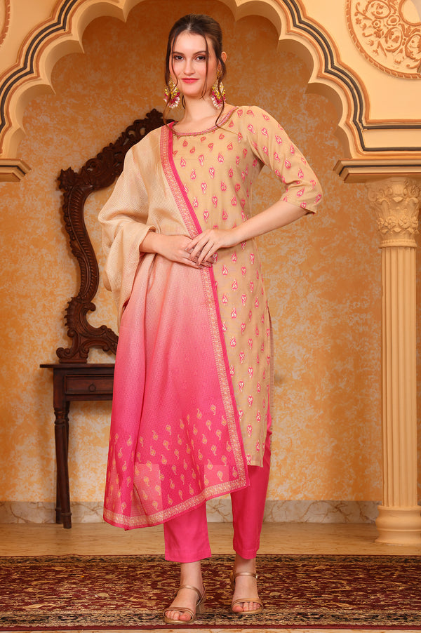 Pink Ethnic Motifs Beads Embroidered Straight Jacquard Kurta, Trouser and Dupatta Set