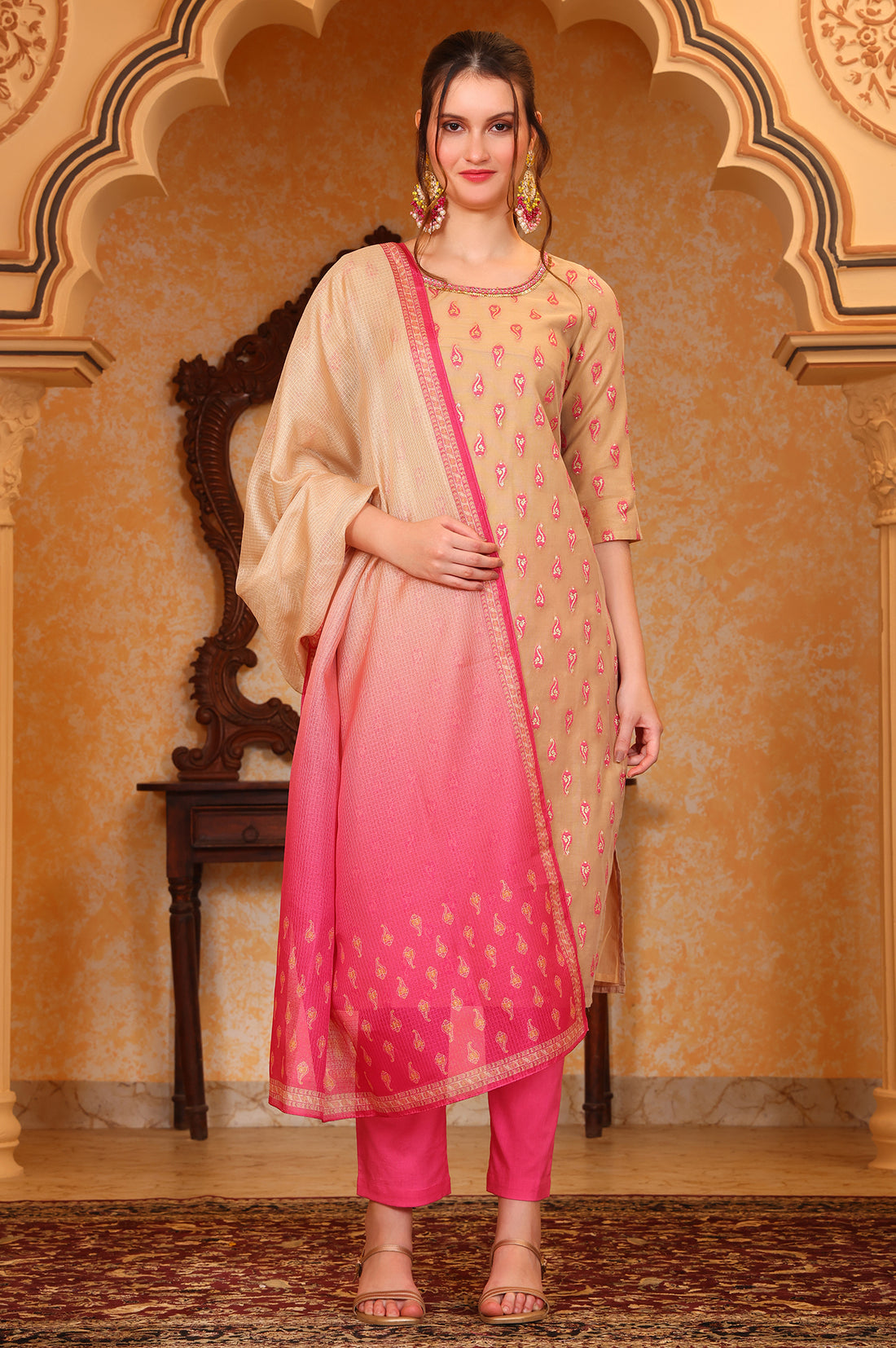Pink Ethnic Motifs Beads Embroidered Straight Jacquard Kurta, Trouser and Dupatta Set