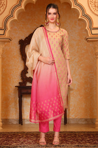 Pink Ethnic Motifs Beads Embroidered Straight Jacquard Kurta, Trouser and Dupatta Set