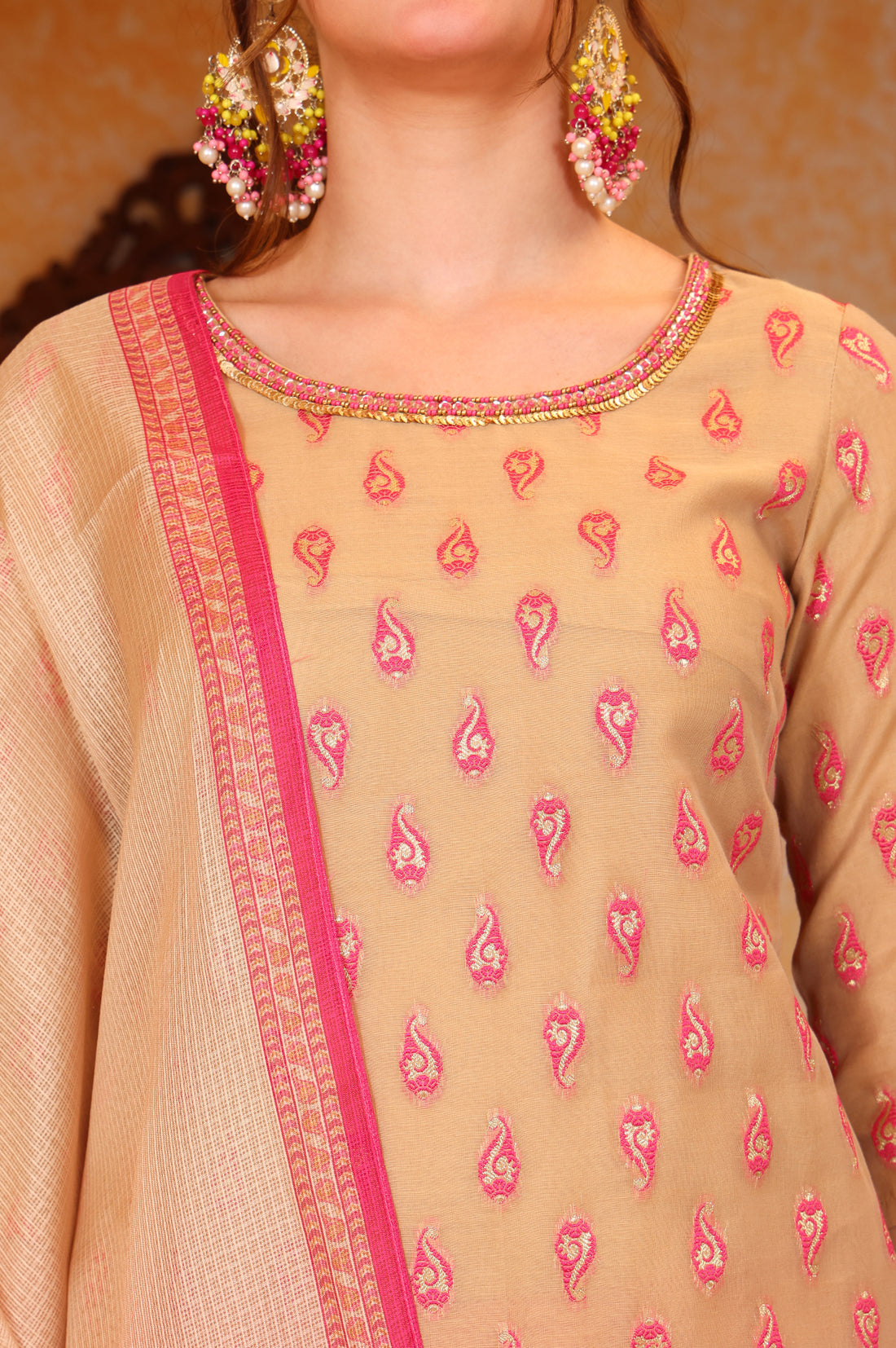 Pink Ethnic Motifs Beads Embroidered Straight Jacquard Kurta, Trouser and Dupatta Set