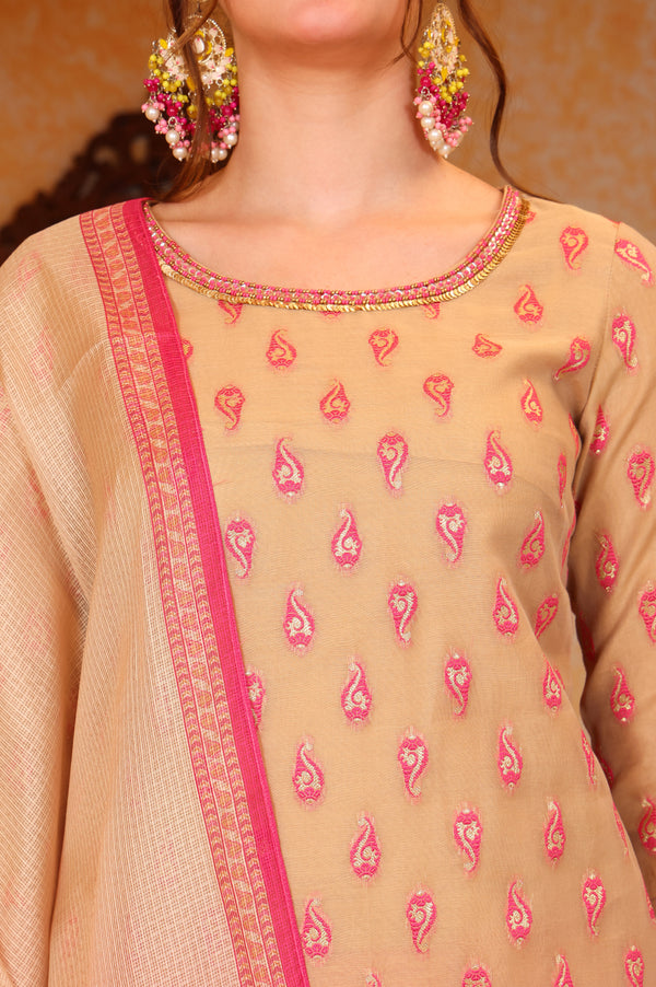 Pink Ethnic Motifs Beads Embroidered Straight Jacquard Kurta, Trouser and Dupatta Set