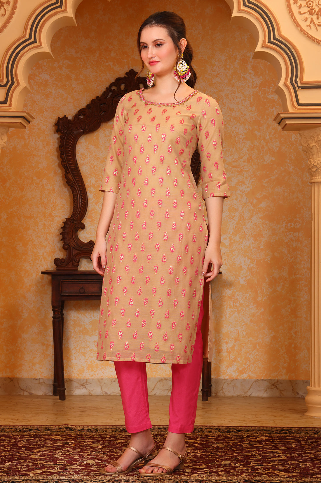 Pink Ethnic Motifs Beads Embroidered Straight Jacquard Kurta, Trouser and Dupatta Set