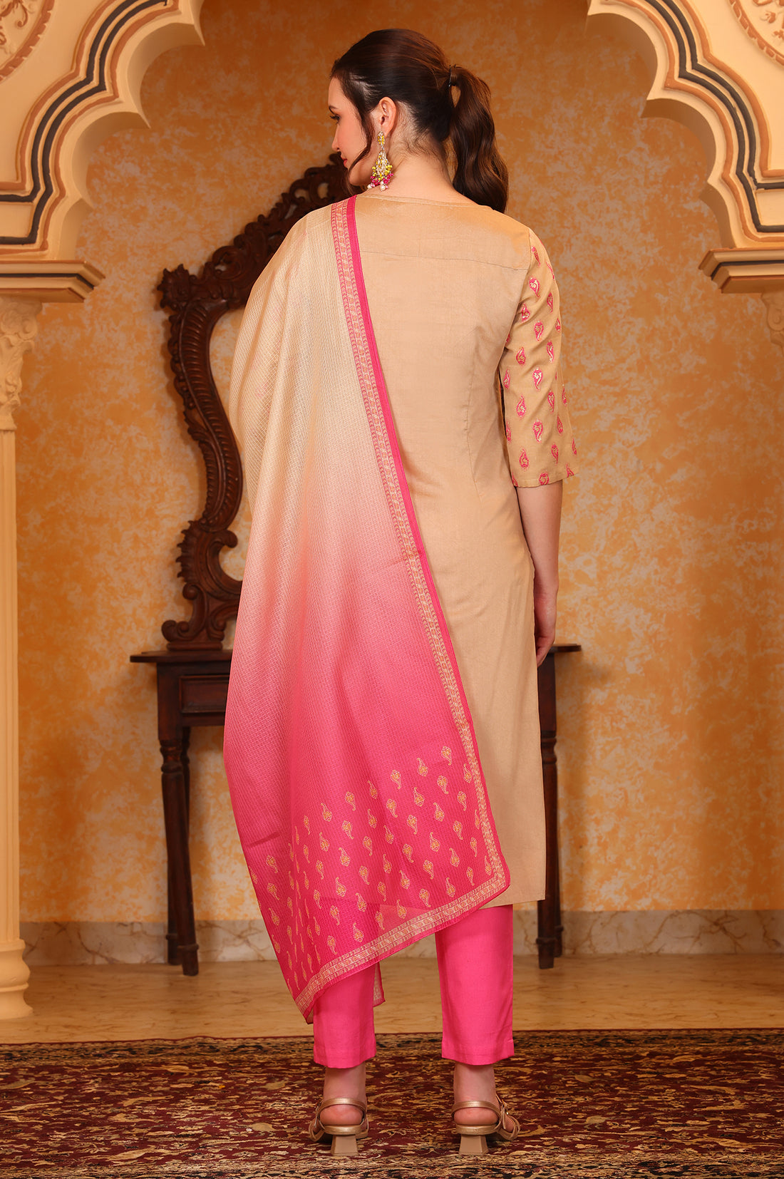 Pink Ethnic Motifs Beads Embroidered Straight Jacquard Kurta, Trouser and Dupatta Set