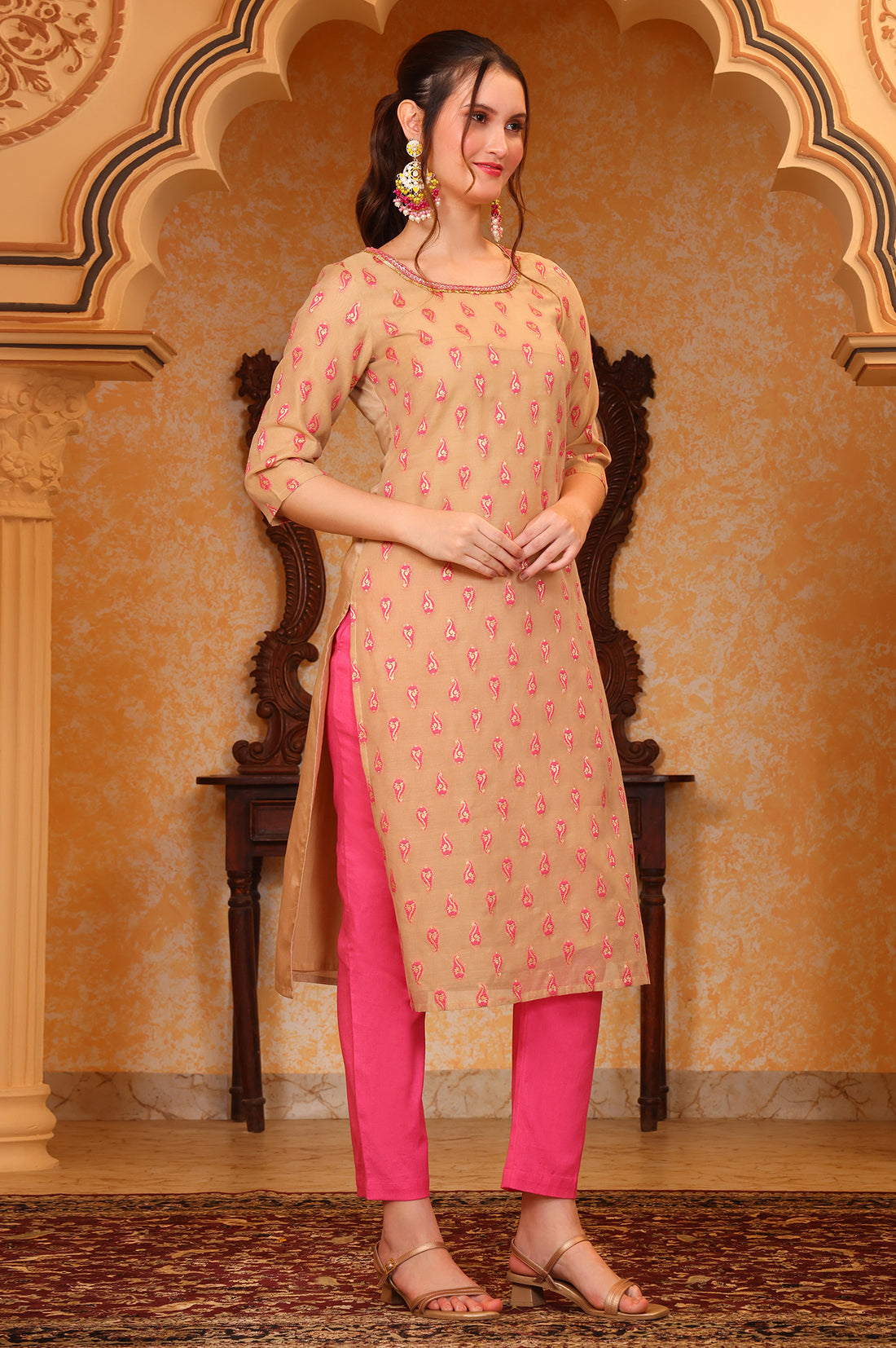 Pink Ethnic Motifs Beads Embroidered Straight Jacquard Kurta, Trouser and Dupatta Set