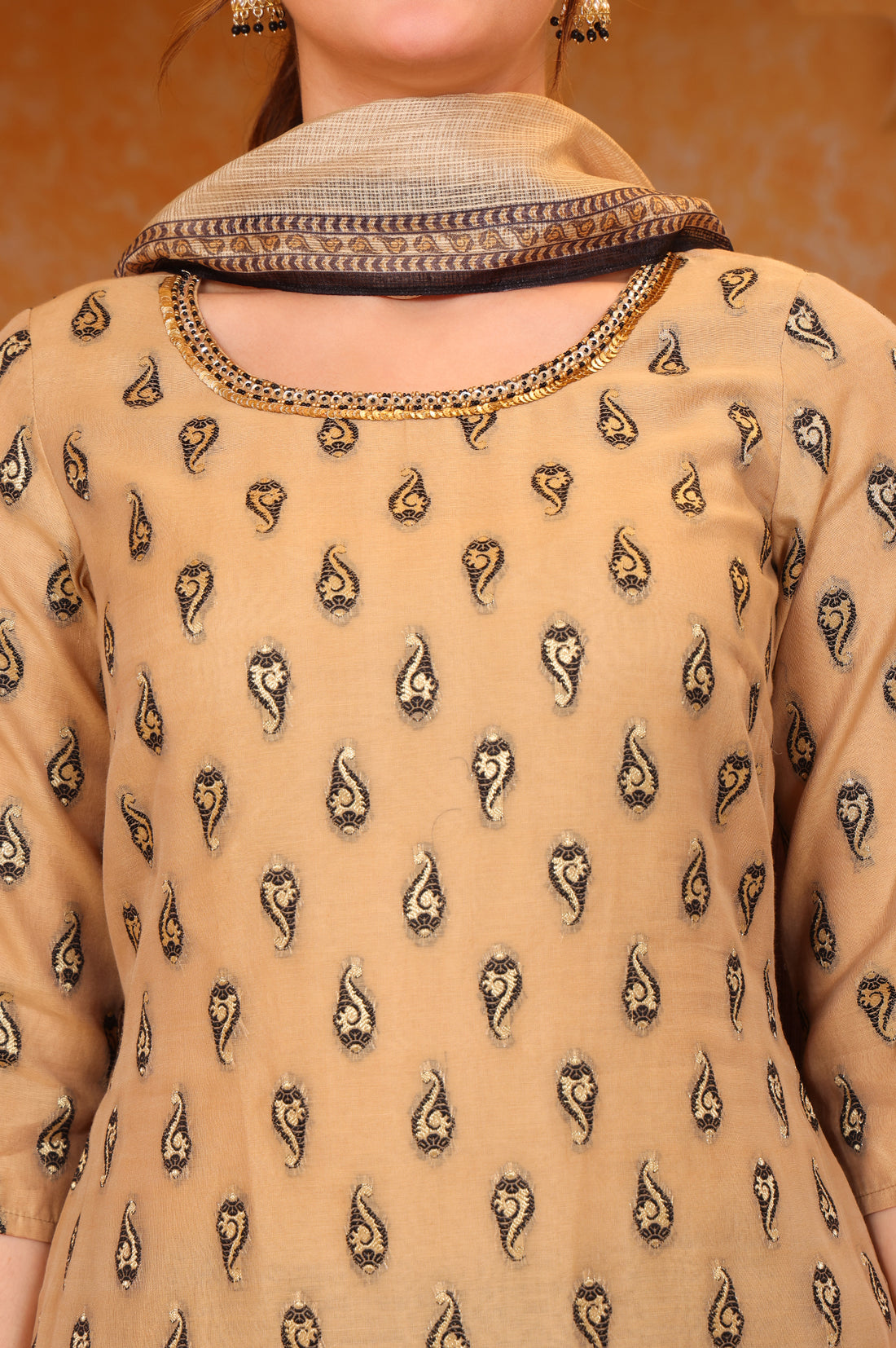 Beige Ethnic Motifs Beads Embellished Straight Jacquard Kurta, Trouser and Dupatta Set