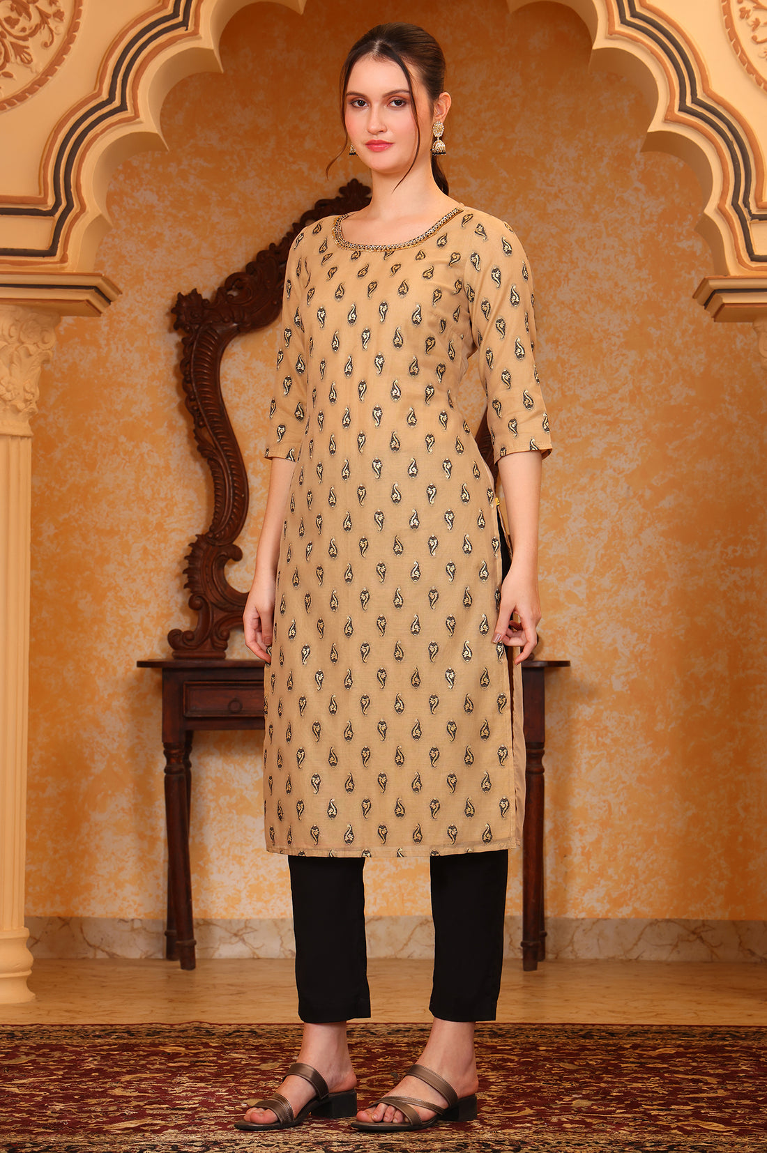 Beige Ethnic Motifs Beads Embellished Straight Jacquard Kurta, Trouser and Dupatta Set