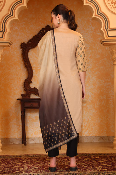 Beige Ethnic Motifs Beads Embellished Straight Jacquard Kurta, Trouser and Dupatta Set