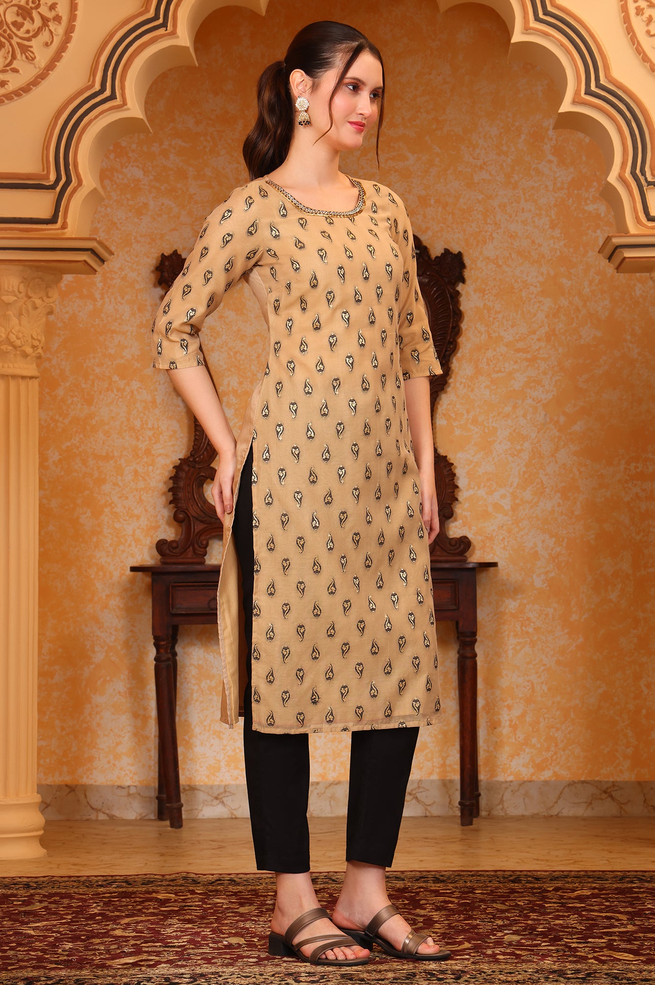 Beige Ethnic Motifs Beads Embellished Straight Jacquard Kurta, Trouser and Dupatta Set