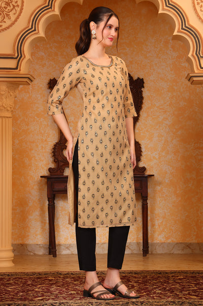 Beige Ethnic Motifs Beads Embellished Straight Jacquard Kurta, Trouser and Dupatta Set