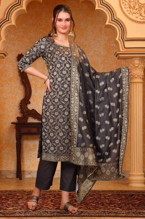 Grey Abstract Printed Beads Embellished Straight Jacquard Kurta, Pant and Dupatta Set