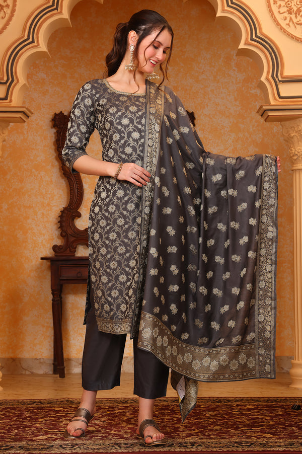 Grey Abstract Printed Beads Embellished Straight Jacquard Kurta, Pant and Dupatta Set
