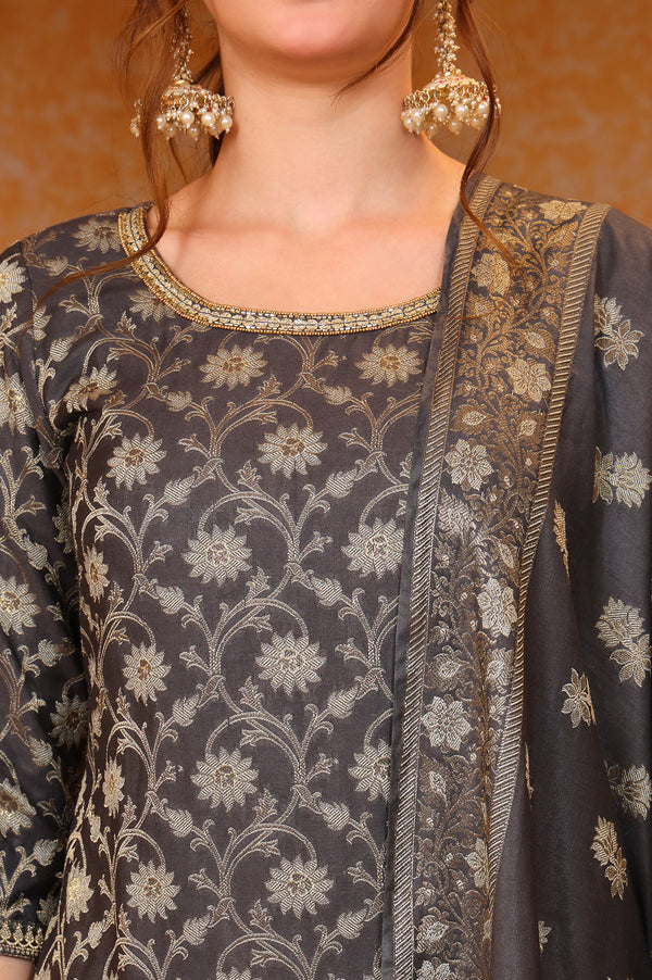 Grey Abstract Printed Beads Embellished Straight Jacquard Kurta, Pant and Dupatta Set