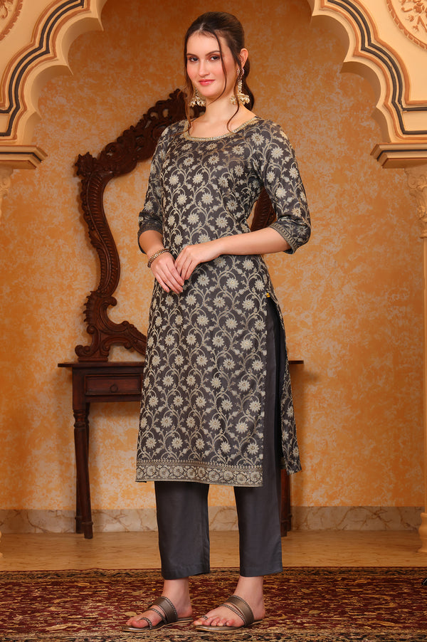 Grey Abstract Printed Beads Embellished Straight Jacquard Kurta, Pant and Dupatta Set