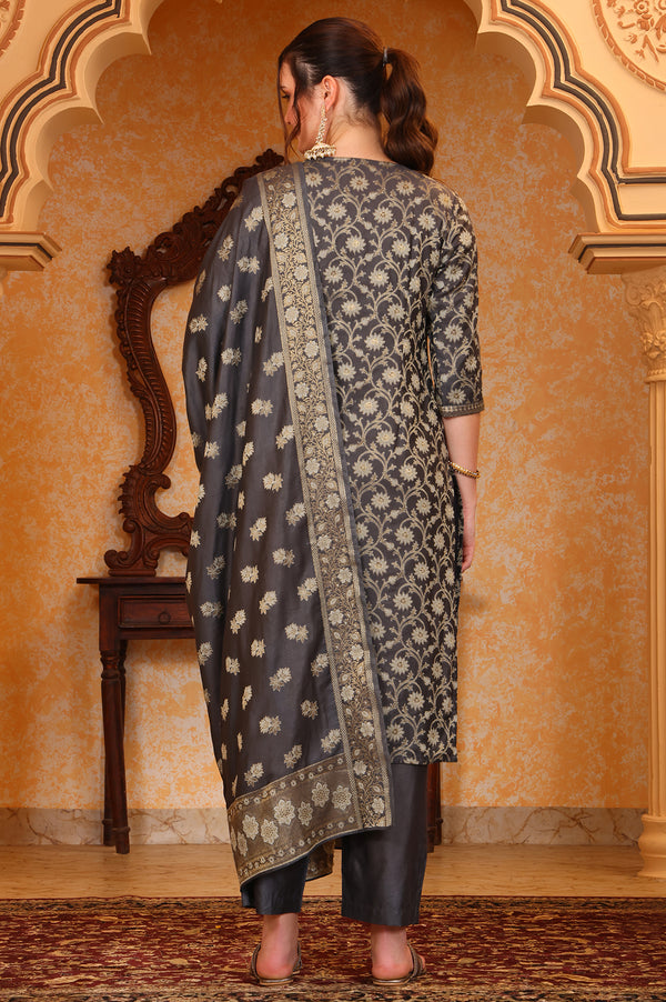Grey Abstract Printed Beads Embellished Straight Jacquard Kurta, Pant and Dupatta Set