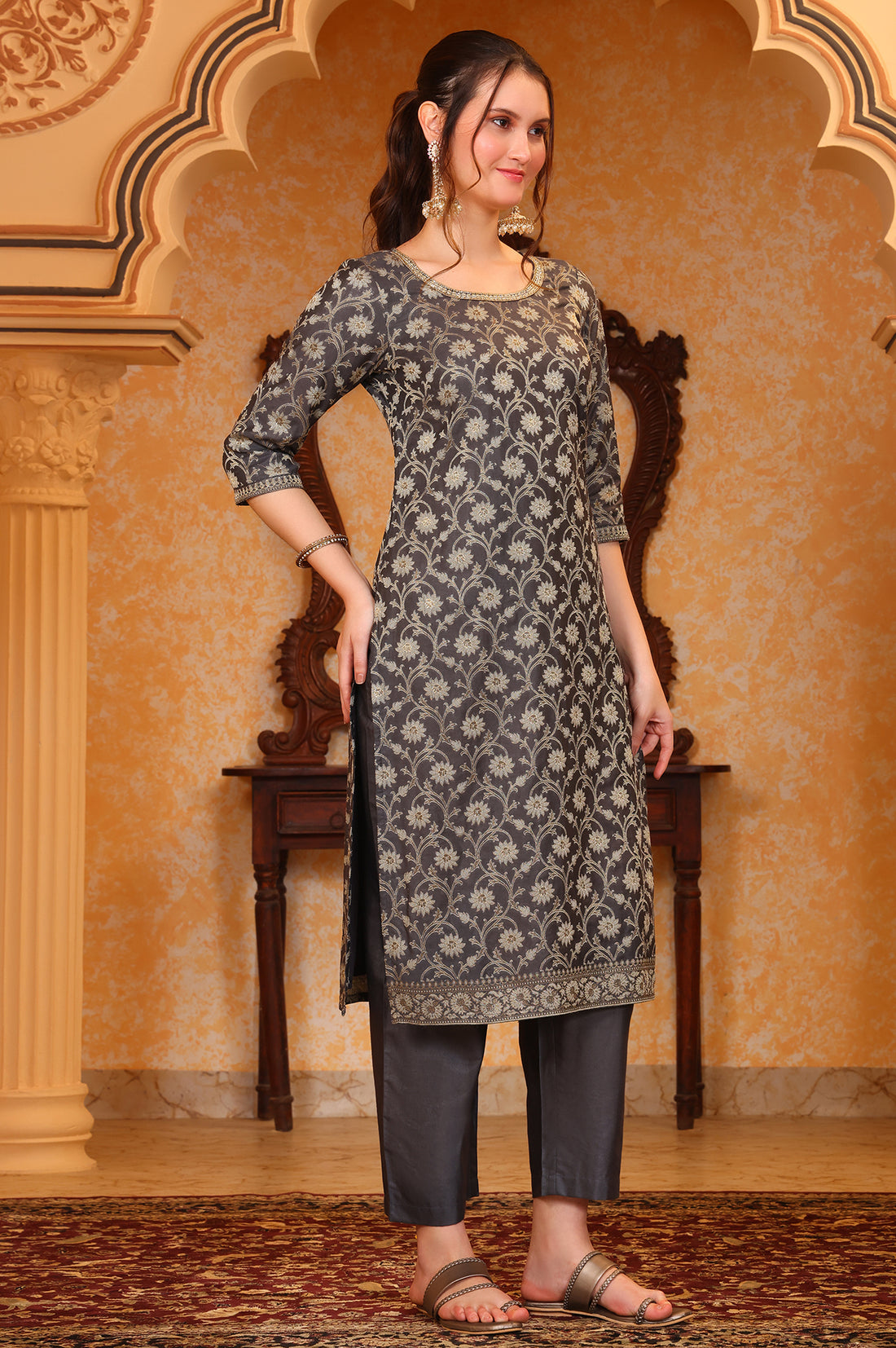 Grey Abstract Printed Beads Embellished Straight Jacquard Kurta, Pant and Dupatta Set