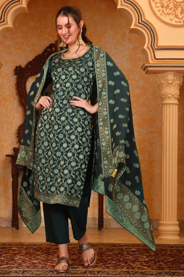 Green Abstract Printed Beads Ornamented Straight Jacquard Kurta, Pant and Dupatta Set