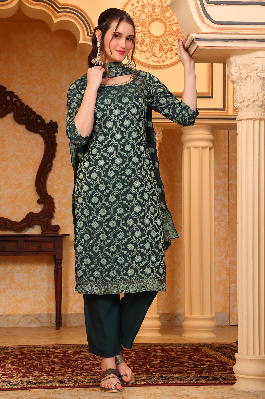 Green Abstract Printed Beads Ornamented Straight Jacquard Kurta, Pant and Dupatta Set