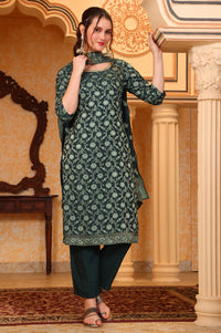Green Abstract Printed Beads Ornamented Straight Jacquard Kurta, Pant and Dupatta Set