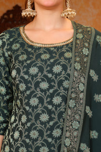 Green Abstract Printed Beads Ornamented Straight Jacquard Kurta, Pant and Dupatta Set