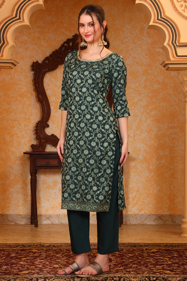 Green Abstract Printed Beads Ornamented Straight Jacquard Kurta, Pant and Dupatta Set