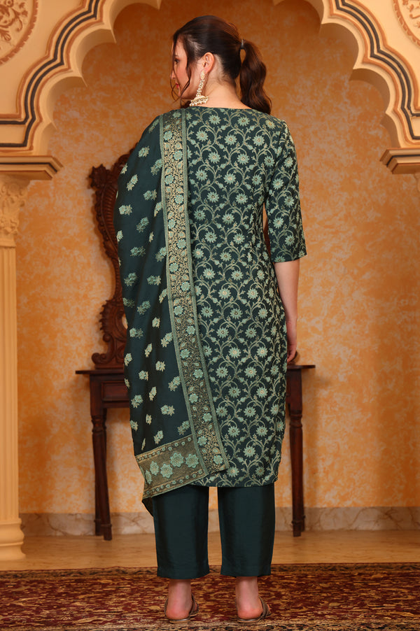 Green Abstract Printed Beads Ornamented Straight Jacquard Kurta, Pant and Dupatta Set