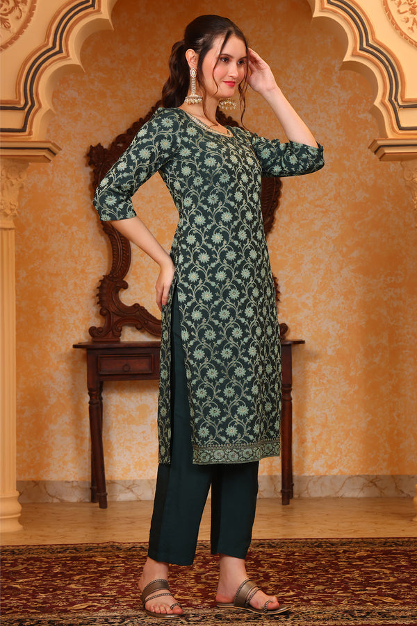 Green Abstract Printed Beads Ornamented Straight Jacquard Kurta, Pant and Dupatta Set