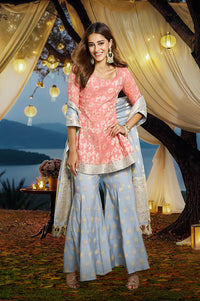Rose  Abstract Printed Lace Jacquard A-Line Kurta, Sharara And Dupatta Set