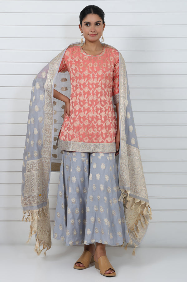 Rose  Abstract Printed Lace Jacquard A-Line Kurta, Sharara And Dupatta Set