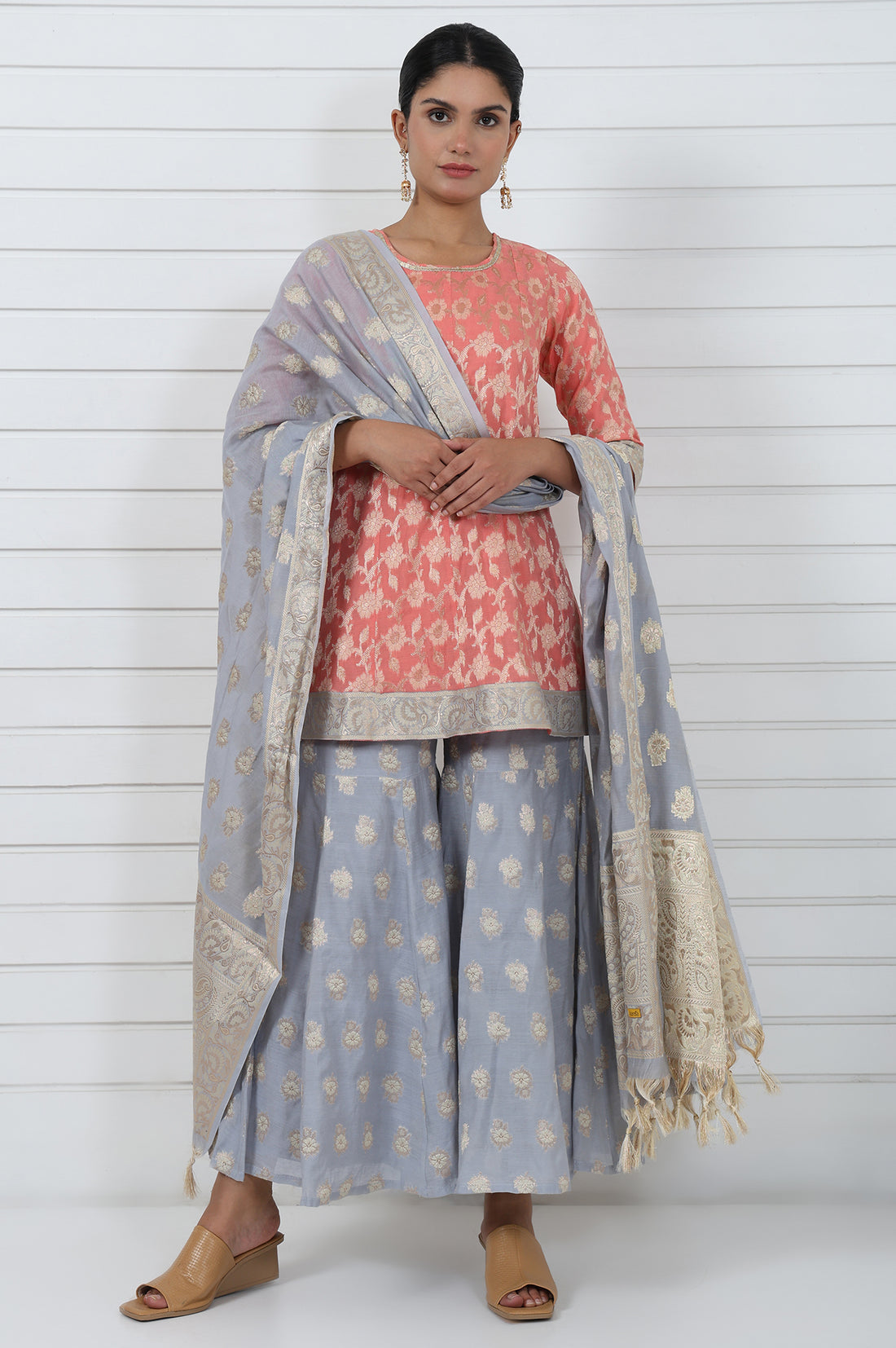 Rose  Abstract Printed Lace Jacquard A-Line Kurta, Sharara And Dupatta Set