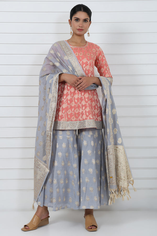 Rose  Abstract Printed Lace Jacquard A-Line Kurta, Sharara And Dupatta Set