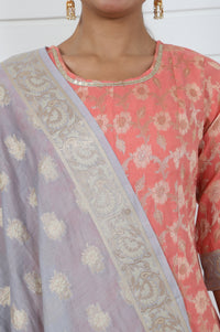 Rose  Abstract Printed Lace Jacquard A-Line Kurta, Sharara And Dupatta Set