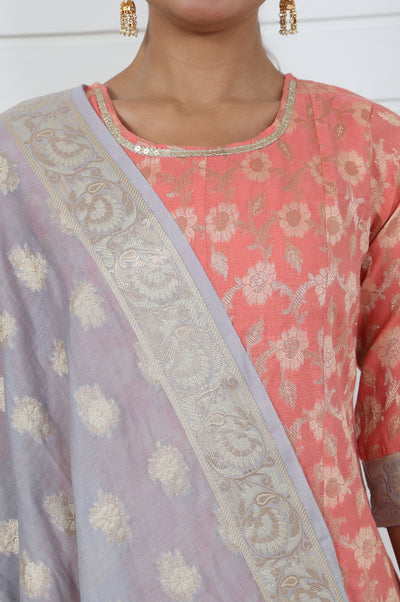 Rose  Abstract Printed Lace Jacquard A-Line Kurta, Sharara And Dupatta Set