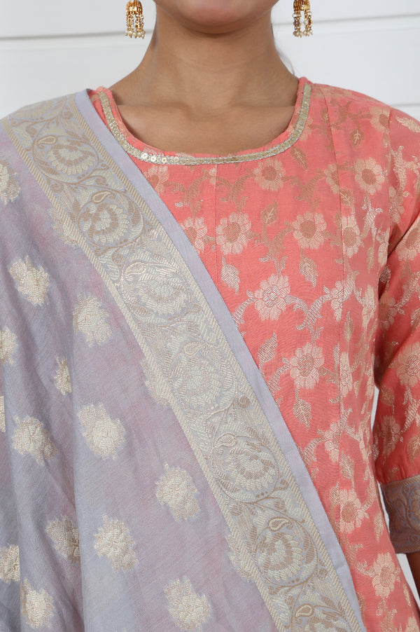 Rose  Abstract Printed Lace Jacquard A-Line Kurta, Sharara And Dupatta Set