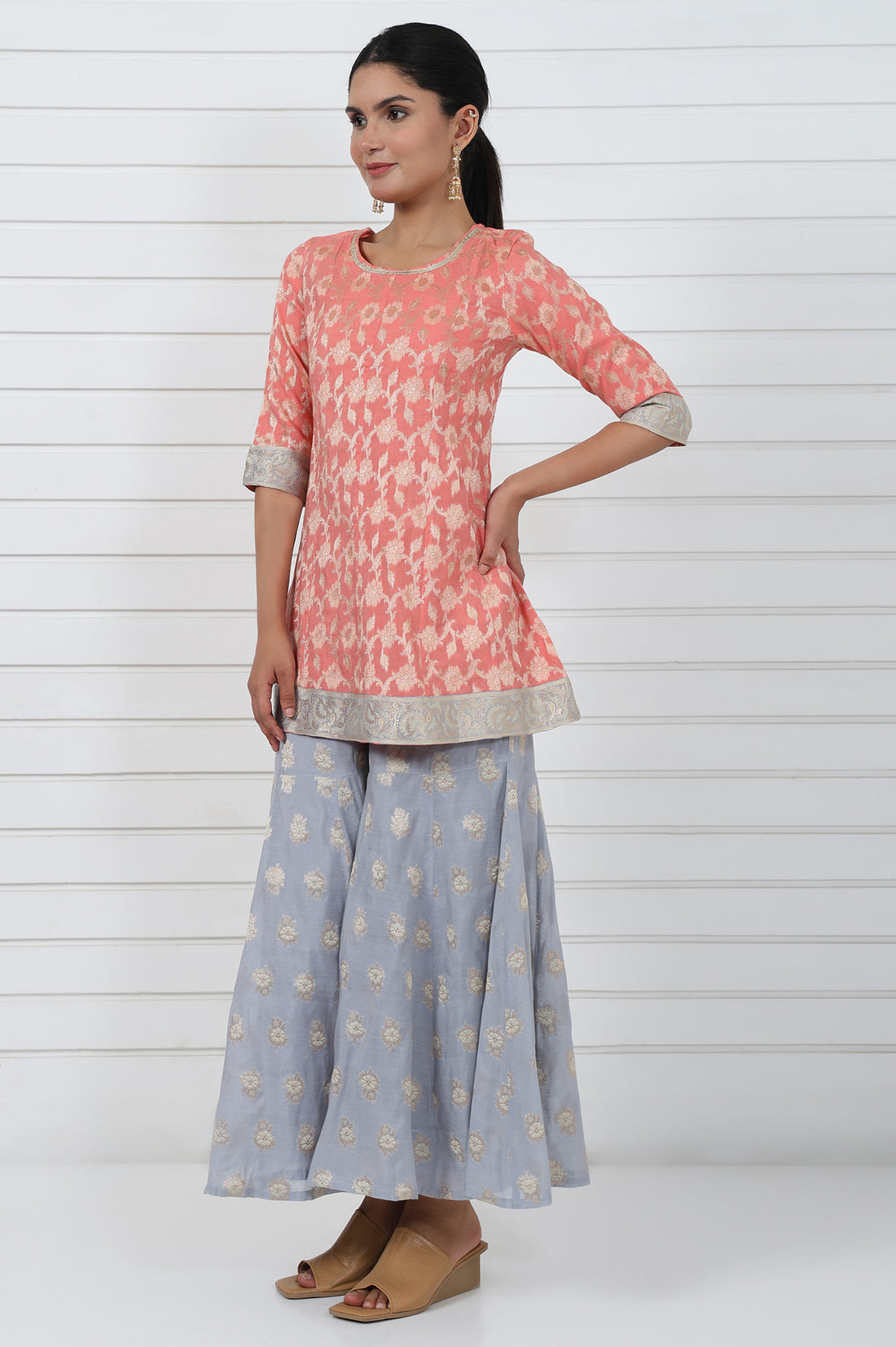 Rose  Abstract Printed Lace Jacquard A-Line Kurta, Sharara And Dupatta Set