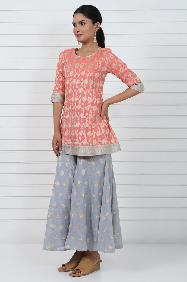 Rose  Abstract Printed Lace Jacquard A-Line Kurta, Sharara And Dupatta Set
