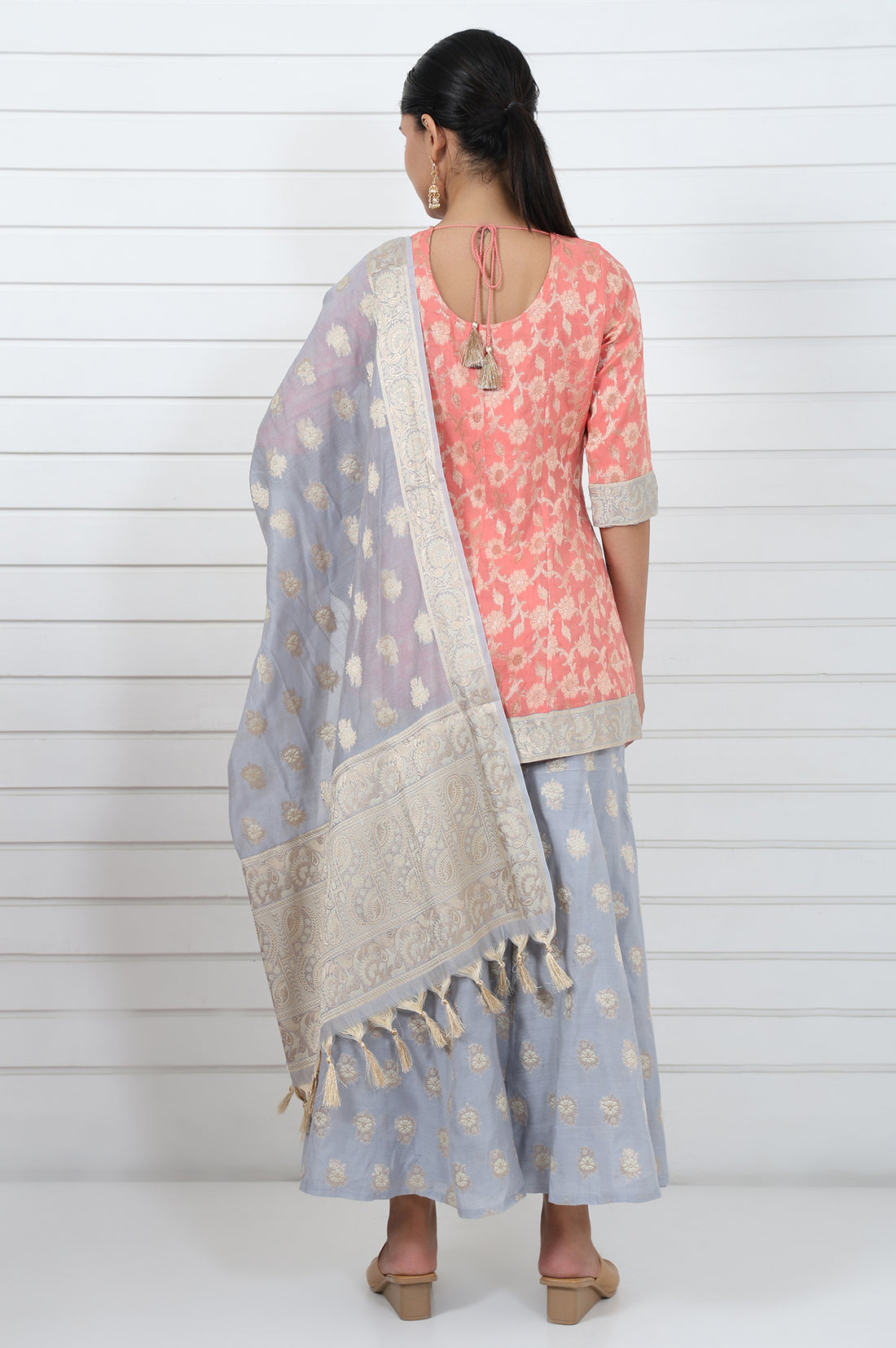 Rose  Abstract Printed Lace Jacquard A-Line Kurta, Sharara And Dupatta Set